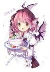  :d absurdres animal_ears apron arm_strap blush bow bowtie brown_eyes brown_hat cake candle confetti dated eyebrows_visible_through_hair feathered_wings fire flame food frilled_apron frills happy_birthday hat highres holding holding_plate juliet_sleeves leaf long_sleeves looking_at_viewer mystia_lorelei open_mouth pink_hair pink_wings plate puffy_sleeves risui_(suzu_rks) short_hair simple_background smile solo tareme touhou upper_body white_apron white_background white_bow white_neckwear winged_hat wings 