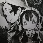  1girl age_difference black_eyes capelet greyscale hair_between_eyes light_smile looking_at_viewer made_in_abyss maid_headdress maruruk monochrome no_pupils ozen signature sweatdrop traditional_media tsukushi_akihito upper_body wavy_mouth whistle whistle_around_neck 
