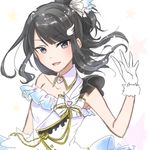  black_hair bow collarbone commentary_request detached_collar gloves hair_bow hand_up heart high_ponytail idolmaster idolmaster_shiny_colors kazano_hiori long_hair looking_at_viewer messy_hair mole mole_under_mouth nolmikan open_mouth ponytail purple_eyes smile solo tsurime upper_body waving wavy_hair white_gloves wing_hair_ornament 