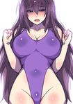  breasts cleavage covered_navel cowboy_shot hai_(h81908190) highleg highleg_swimsuit large_breasts long_hair looking_at_viewer murasaki_(senran_kagura) one-piece_swimsuit purple_eyes purple_hair senran_kagura simple_background solo swimsuit white_background 