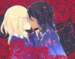  aimai_(luckyfive) andou_(girls_und_panzer) bangs bc_freedom_school_uniform black_hair blonde_hair blue_eyes blue_jacket blue_neckwear blush dark_skin dress_shirt eyebrows_visible_through_hair eyes_visible_through_hair floral_print girls_und_panzer jacket kiss long_sleeves medium_hair multiple_girls necktie oshida_(girls_und_panzer) petals shirt upper_body white_shirt wing_collar yuri 