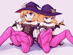  2girls ashita_(pop&#039;n_music) braid brown_hair fang feet grin kaworu_(pop&#039;n_music) long_hair looking_at_viewer multiple_girls no_shoes off_shoulders orange_hair pink_legwear pop&#039;n_music pov pov_feet purple_eyes soles witch_hat 