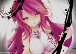  angel_wings bad_id bad_pixiv_id breasts commentary_request crop_top cross evil_smile halo jibril_(no_game_no_life) large_breasts long_hair low_wings magic_circle no_game_no_life pink_hair smile solo symbol-shaped_pupils twitter_username white_wings wing_ears wings yamine_kuro yellow_eyes 