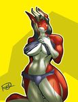  anthro breasts clothed clothing female greatwuff hair horn scalie skimpy smile solo standing thick_thighs under_boob wide_hips 