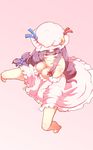  bare_shoulders barefoot between_legs blue_ribbon blush breasts cleavage commentary crescent from_above full_body hand_between_legs hat hat_ribbon highres large_breasts long_hair mob_cap no_bra non_(z-art) pajamas patchouli_knowledge pink_background purple_hair red_ribbon ribbon sitting solo touhou 