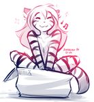  2018 :3 anthro cardboard_box casual_nudity chest_tuft crossed_legs eyes_closed feline female flora_(twokinds) fur happy hi_res humming keidran mammal monochrome nude simple_background sitting sketch smile solo striped_fur stripes tiger tom_fischbach tuft twokinds webcomic white_background 