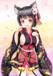  :d animal_ears azur_lane bangs bell black_hair black_kimono blunt_bangs blush bob_cut breasts cat_ears commentary_request fang floral_print fox_mask hand_on_own_chest hands_up head_tilt highres japanese_clothes jingle_bell kimono large_breasts looking_at_viewer mask mask_on_head open_mouth paw_pose print_kimono red_eyes short_hair sideboob smile solo thighhighs white_legwear yamashiro_(azur_lane) zenon_(for_achieve) 