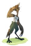  anthro avian barefoot beak bird clothed clothing coconutmilkyway digital_media_(artwork) digitigrade feathers jack male open_mouth roadrunner simple_background solo sweat white_background wings 