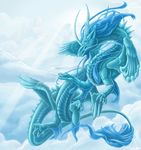  blue_body blue_scales claws cloud dragon eastern_dragon feathered_wings feathers flying horn multi_wing scales scalie sky solo whiskers wings yami_griffin 