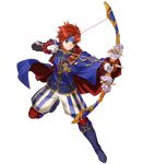  arrow blue_eyes bow_(weapon) bunbun cape drawing_bow fire_emblem fire_emblem:_fuuin_no_tsurugi fire_emblem_heroes full_body headband highres holding holding_arrow holding_bow_(weapon) holding_weapon male_focus official_art red_hair roy_(fire_emblem) smile solo transparent_background weapon 