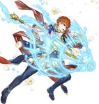  blue_eyes cape eliwood_(fire_emblem) fire_emblem fire_emblem:_rekka_no_ken fire_emblem_heroes flower full_body highres itou_misei male_focus official_art open_mouth polearm red_hair solo spear transparent_background weapon 