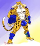  2018 4_toes 5_fingers abs anthro biceps brown_spots bulge cape cheetah clothed clothing digitigrade feline hand_on_hip hungothenomster king_(tekken) male mammal muscular muscular_male nipples penis_outline pink_nose pose sharp_teeth simple_background slit_pupils solo spots standing teeth tekken tight_underwear toes topless video_games whiskers white_skin yellow_skin 