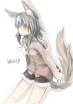  animal_ears black_shorts blush brown_hoodie closed_mouth foomi fur-trimmed_shorts fur_trim hair_over_one_eye hood hood_down hoodie long_hair long_sleeves looking_away original pom_pom_(clothes) red_eyes short_shorts shorts silver_hair simple_background sleeves_past_wrists solo tail white_background wolf_ears wolf_girl wolf_tail 