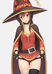  anarchojs ass_visible_through_thighs belt black_belt black_cape black_hair black_panties blush bow bow_panties brown_hair cape fingerless_gloves frilled_panties frills gloves hat highres kono_subarashii_sekai_ni_shukufuku_wo! megumin panties panty_pull red_eyes short_hair_with_long_locks simple_background single_thighhigh solo thighhighs underwear witch witch_hat 