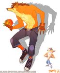  anthro bandicoot belt black-spotted brown_hair clothing crash_bandicoot crash_bandicoot_(series) fingerless_gloves food footwear fruit fur gloves hair male mammal marsupial orange_fur pants shoes solo video_games wumpa_fruit 