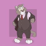  barefoot cat clothing coat douglas_benson dress_shirt feline mammal necktie neenya purple_background shirt simple_background slacks suit undressing vest yellow_sclera 