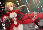  aestus_estus bangs blonde_hair blood blood_on_face breasts cleavage closed_mouth commentary_request dress eyebrows_visible_through_hair fate/extra fate_(series) green_eyes hair_between_eyes head_tilt holding holding_sword holding_weapon jacket juliet_sleeves light_smile long_hair long_sleeves looking_at_viewer medium_breasts nero_claudius_(fate) nero_claudius_(fate)_(all) niu_illuminator petals puffy_sleeves red_dress red_jacket see-through solo sword twitter_username very_long_hair weapon wide_sleeves 