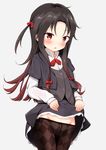  :o bangs black_hair black_legwear blush commentary_request crotch_seam eyebrows_visible_through_hair gradient_hair grey_background groin highres lifted_by_self long_hair looking_at_viewer mochiyuki multicolored_hair one_side_up pantyhose parted_lips red_eyes red_hair ryuuou_no_oshigoto! school_uniform simple_background skirt skirt_lift solo very_long_hair yashajin_ai 