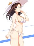  :d arm_at_side bangs bare_arms bare_shoulders bikini black_hair blue_eyes breasts brown_hair cleavage cowboy_shot eyebrows_visible_through_hair flower girls_und_panzer grin hand_on_own_face hat hat_flower highres ikomochi large_breasts long_hair looking_at_viewer navel nonna open_mouth parted_lips side-tie_bikini sideboob smile solo standing stomach sun_hat swept_bangs swimsuit teeth thighs two-tone_background white_bikini 