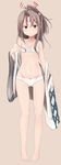  absurdres ass_visible_through_thighs bare_shoulders barefoot blush bow bow_panties brown_eyes flat_chest full_body grey_background groin hachimaki headband high_ponytail highres japanese_clothes kantai_collection kimono light_brown_hair long_hair looking_at_viewer navel off_shoulder panties sarashi simple_background solo standing underwear undressing white_panties yuki_(yukin0128) zuihou_(kantai_collection) 