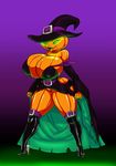  2016 anthro big_breasts breasts cleavage clothed clothing erect_nipples female flora_fauna food footwear fruit halloween hat hi_res high_heels holidays huge_breasts nipple_bulge nipples not_furry panties plant pumpkin shoes skimpy smile solo thecon underwear witch_hat 