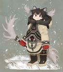  alternate_costume animal_ears antlers bell_(hellchan3) black_eyes black_hair boots closed_mouth coat extra_ears full_body fur_trim gloves grass grey_hair highres holding holding_weapon hood hood_down hooded_coat japari_symbol kemono_friends long_hair long_sleeves looking_at_viewer moose_(kemono_friends) moose_ears multicolored_hair red_gloves smile snow snowing solo standing traditional_clothes two-tone_hair weapon winter_clothes winter_coat 