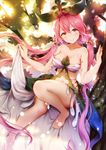  bangs bare_shoulders breasts cleavage collarbone cross-laced_clothes granblue_fantasy head_tilt highres long_hair looking_at_viewer medium_breasts navel_cutout orange_eyes pink_hair plant plant_girl revealing_clothes sleeveless solo toki_(toki_ship8) yggdrasil_(granblue_fantasy) 