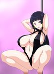  :p armpits arms_up ass bangs bare_legs barefoot black_leotard blunt_bangs blush breasts center_opening cleavage dead_or_alive feet_out_of_frame gradient gradient_background hair_ribbon highres large_breasts leotard long_hair looking_at_viewer navel nyotengu partially_visible_vulva pink_background pole pole_dancing purple_eyes revealing_clothes ribbon sidelocks solo spread_legs squatting stomach straight_hair tawashi1623 tongue tongue_out very_long_hair 