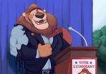  4_fingers anthro biceps big_muscles black_nose brown_eyes brown_hair clothed clothing disney english_text feline flexing hair hi_res lectern leodore_lionheart lion male mammal mane microphone muscular muscular_male necktie open_mouth open_smile podium smile solo spectral-bat suit teeth text torn_clothing triceps whiskers zootopia 