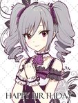  bangs blush collar collarbone commentary_request cravat dress drill_hair floral_print frilled_collar frills grey_hair haikimono_shounen hair_ribbon hands_together happy_birthday idolmaster idolmaster_cinderella_girls kanzaki_ranko leaf_print lolita_fashion long_hair looking_at_viewer purple_dress purple_neckwear purple_ribbon red_eyes ribbon rose_print smile solo swept_bangs twin_drills twintails wrist_cuffs 