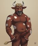  2017 5_fingers anthro balls barbed_penis biceps biped black_horn black_nipples blonde_hair bovine brown_balls brown_fur brown_penis brown_tail cattle collar digital_media_(artwork) dragon dripping ear_tag erection eyebrows facial_piercing foreskin front_view fur hair hi_res horn hybrid jomi looking_at_viewer male mammal multicolored_fur multicolored_horn musclegut muscular muscular_male navel nipples nose_piercing nose_ring notched_ear nude one_eye_closed pecs penis piercing portrait precum precum_drip rov saggy_balls septum_piercing short_hair signature simple_background snout solo spikes spots spotted_fur standing tail_tuft tan_background tattoo teeth three-quarter_portrait tuft two_tone_fur two_tone_horn uncut white_fur white_horn white_spots wink yellow_eyebrows yellow_eyes 