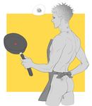  1boy apron ass back bare_arms bare_back bare_shoulders bruise closed_mouth commentary_request cowboy_shot cropped_legs earrings expressionless from_behind frying_pan half-closed_eye hand_on_hip heart hickey highres holding injury jewelry male_focus mo_guan_shan naked_apron partially_colored profile ribbon rororei shoulder_blades simple_background speech_bubble spoken_squiggle squiggle standing stud_earrings thighs yellow_background 