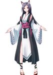  alternate_costume animal_ears black_hair commentary_request full_body geta highres imaizumi_kagerou kourindou_tengu_costume long_hair looking_at_viewer obi outstretched_arms pelvic_curtain pom_pom_(clothes) red_eyes ribbon-trimmed_sleeves ribbon_trim sash simple_background smile solo tenamaru touhou white_background wide_sleeves wolf_ears 