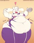  2018 anthro areola belly big_belly boss_monster breasts caprine clothed clothing deep_navel digital_media_(artwork) eating female food goat gradient_background hi_res horn long_ears mammal navel nekocrispy obese overweight overweight_female pie simple_background solo toriel torn_clothing undertale video_games weight_gain 