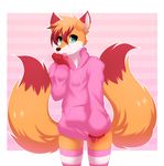  2016 2_tails anthro bottomless canine clothed clothing fox fur girly green_eyes hoodie legwear male mammal multi_tail orange_fur re-sublimity-kun solo stockings striped_legwear striped_stockings stripes tongue tongue_out 