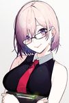  bare_shoulders black-framed_eyewear black_dress blush breast_lift breasts clipboard closed_mouth dress fate/grand_order fate_(series) glasses head_tilt holding kayahara lips mash_kyrielight medium_breasts necktie pink_hair purple_eyes red_neckwear shiny shiny_skin short_hair simple_background sleeveless sleeveless_dress smile solo white_background 