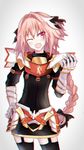  ;d astolfo_(fate) black_legwear black_ribbon braid chromatic_aberration chromatic_aberration_abuse commentary_request fang fate/apocrypha fate/grand_order fate_(series) garter_straps hair_intakes hair_ribbon hand_on_hip highres long_braid long_hair male_focus mian.h multicolored_hair one_eye_closed open_mouth otoko_no_ko pink_hair purple_eyes ribbon single_braid smile streaked_hair 