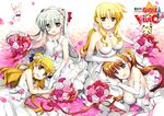  4girls blonde_hair blush couple einhart_stratos fate_testarossa fujima_takuya green_hair hand_holding happy heterochromia kneeling lying lyrical_nanoha mahou_shoujo_lyrical_nanoha mahou_shoujo_lyrical_nanoha_vivid marriage multiple_girls official_art orange_hair purple_eyes red_eyes smile takamachi_nanoha vivio wedding wedding_dress yuri 