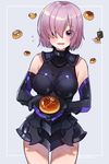  :d armor armored_leotard black_gloves black_leotard blush cowboy_shot elbow_gloves eyebrows_visible_through_hair fate/grand_order fate_(series) food gloves grey_background hair_over_one_eye hana_shiori highres leotard looking_at_viewer mash_kyrielight open_mouth purple_eyes purple_hair short_hair smile solo standing 