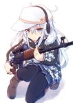  black_legwear blue_eyes boots brown_footwear camouflage camouflage_jacket commentary_request dragunov_svd earmuffs flat_cap gun hammer_and_sickle hat hibiki_(kantai_collection) kantai_collection long_hair looking_at_viewer one_knee pantyhose rifle shinopoko silver_hair simple_background sniper_rifle star verniy_(kantai_collection) weapon white_background 