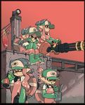  2girls baseball_cap boots domino_mask dual_wielding elbow_gloves fishing_lure gatling_gun gloves green_gloves hat heavy_splatling_(splatoon) highres holding inkling mask multiple_boys multiple_girls red_eyes red_hair rubber_boots salmon_run simple_background sitting splat_dualies_(splatoon) splatoon_(series) splatoon_2 spoon_in_mouth tarou2 tentacle_hair 