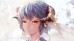  close-up earrings face flower grey_hair hair_flower hair_ornament hoop_earrings horn_ornament horns japanese_clothes jewelry kimono looking_at_viewer namako_(namacotan) original red_eyes short_hair smile solo 