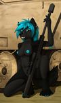  2018 5_fingers anthro areola army black_fur black_nose blue_hair blue_nipples breasts canine crouching detailed_background digital_media_(artwork) dog fur gun hair holding_object holding_weapon mammal navel nipples nude ranged_weapon smile solo tales_foxdale weapon 