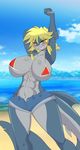 2018 5_fingers abs anthro arms_above_head beach bedroom_eyes big_breasts big_tail blonde_hair blue_eyes blue_skin blush bra breasts cleavage clothed clothing curvaceous day detailed_background female fin fish grey_skin grin hair half-closed_eyes happy long_tail marine mastergodai multicolored_skin muscular muscular_female outside seaside seductive shark shorts skimpy smile stretching tail_fin thick_thighs two_tone_skin underwear voluptuous wide_hips 