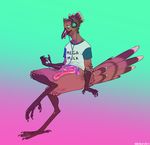  anthro avian beak bird blood candy_gore clothed clothing digital_media_(artwork) disembowelment feathers gore gotie guts headphones intestines jack male mega_milk nosebleed pink_blood roadrunner simple_background solo vaporwave 