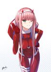  ;d absurdres bangs bee_doushi blunt_bangs blush bodysuit breasts cowboy_shot darling_in_the_franxx foreshortening gradient gradient_background grin hairband hand_on_hip hand_up hanging_breasts highres horns leaning_forward long_hair looking_at_viewer medium_breasts one_eye_closed open_mouth pilot_suit pink_hair polka_dot polka_dot_background red_bodysuit shiny shiny_hair sidelocks signature skin_tight smile solo standing straight_hair teeth thigh_gap tsurime white_hairband zero_two_(darling_in_the_franxx) 