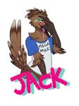  anthro avian badge beak bird blush brown_eyes brown_feathers clothed clothing coy drooling feathers harlem jack male markings mega_milk multicolored_feathers open_mouth roadrunner saliva simple_background white_background 