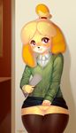  2018 animal_crossing anthro blonde_hair blush canine clothed clothing clothing_lift digital_media_(artwork) dog female hair holding_object inside isabelle_(animal_crossing) legwear looking_at_viewer mammal nintendo no_underwear purple_eyes pussy shih_tzu solo tawni_tailwind thigh_highs upskirt video_games 