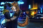  2018 4_ears anthro black_fur black_hair blue_skin blurred_background brown_fur canine city clothed clothing detailed_background dragon duo eyes_closed fur hair hand_on_chest hoodie horn hug light_fur love lukiri male mammal multi_ear night outside romantic_couple scarf smile snout standing street tan_fur tongue white_fur wings 
