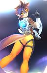  brown_eyes butt butt_pose clothing cosplay eyewear female goggles gun kirov mammal mik mikhaila mustelid otter overwatch ranged_weapon skinsuit smile solo tight_clothing tracer_(overwatch) tsampikos union_jack video_games weapon 